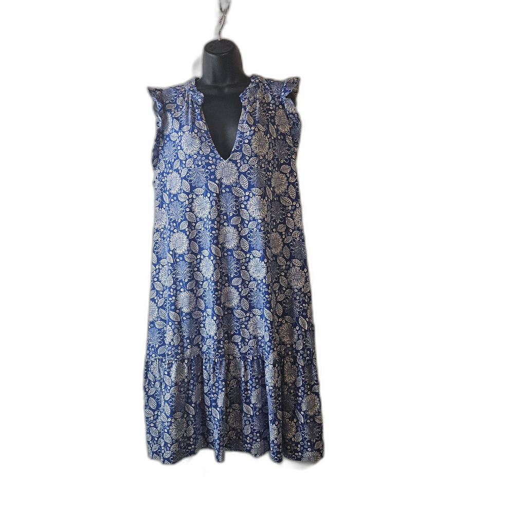 BODEN 16-18 Stretch Jersey Knee Legnth Dress Blue Florals Cotton Modal